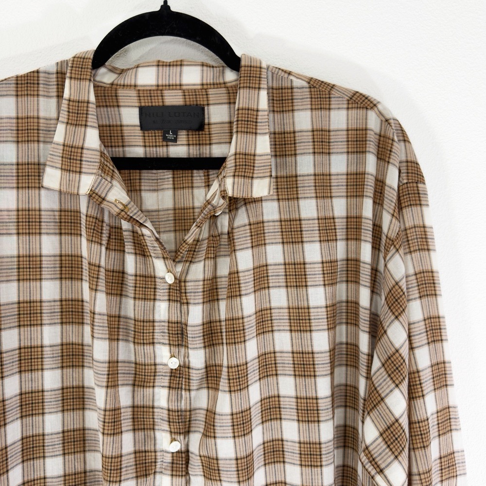 Nili Lotan Top Womens Large Brown Plaid Boho Cottagecore Breathable 100% Cotton - Picture 2 of 9